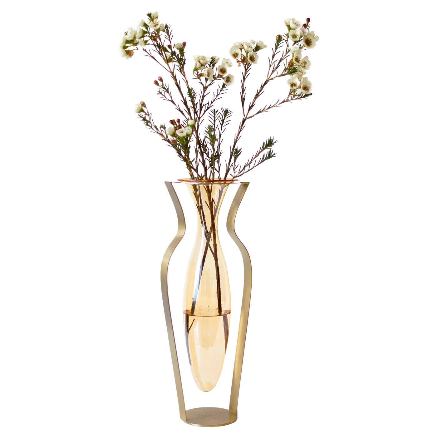Minimalist Droplet Tall Vase, Orange Glass & Gold Finish For Sale