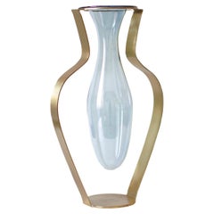 Droplet Wide Vase, Blue Glass & Gold Finish
