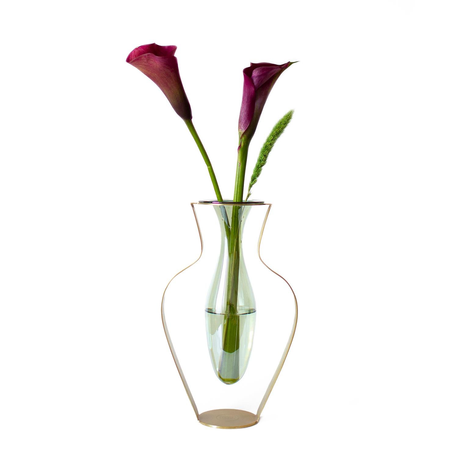 Turkish Droplet Wide Vase, Green Glass & Gold Finish For Sale