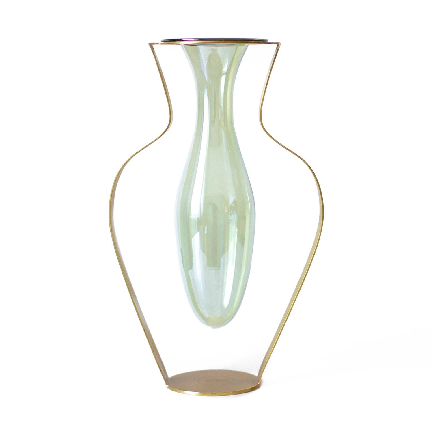 Brushed Droplet Wide Vase, Green Glass & Gold Finish For Sale
