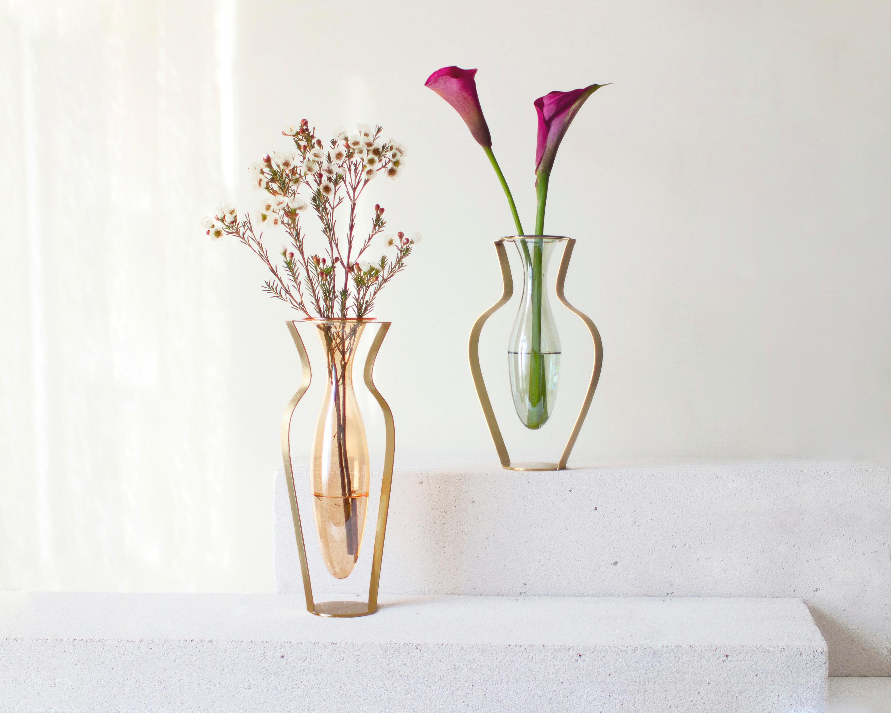 Stainless Steel Droplet Wide Vase, Green Glass & Gold Finish For Sale