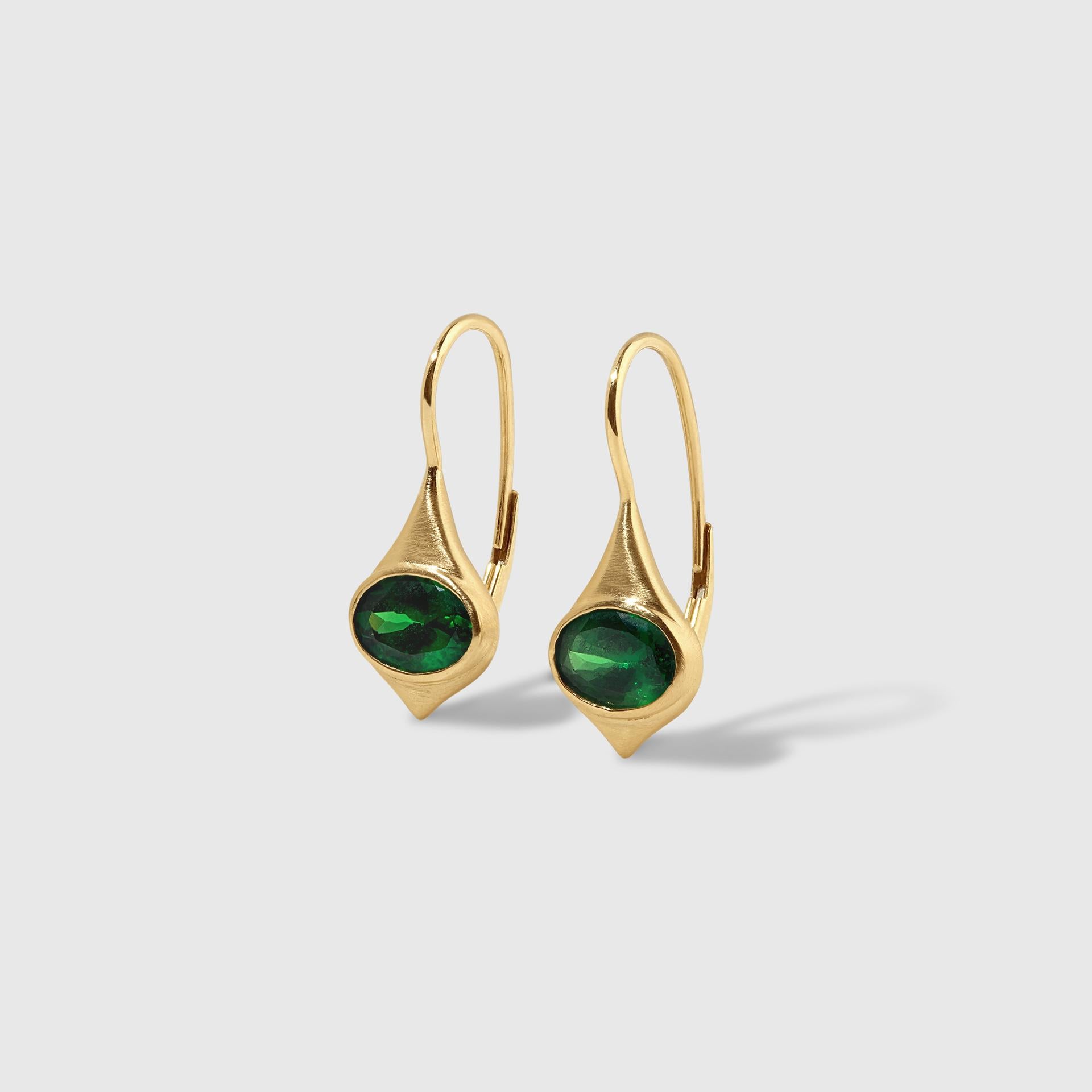 Contemporary Droplette Earrings with East-West Bright Green, Oval Tsavorites, 18kt Gold For Sale