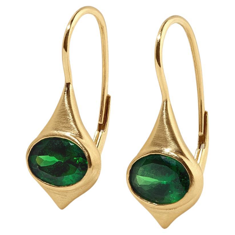 Droplette Earrings with East-West Bright Green, Oval Tsavorites, 18kt Gold For Sale