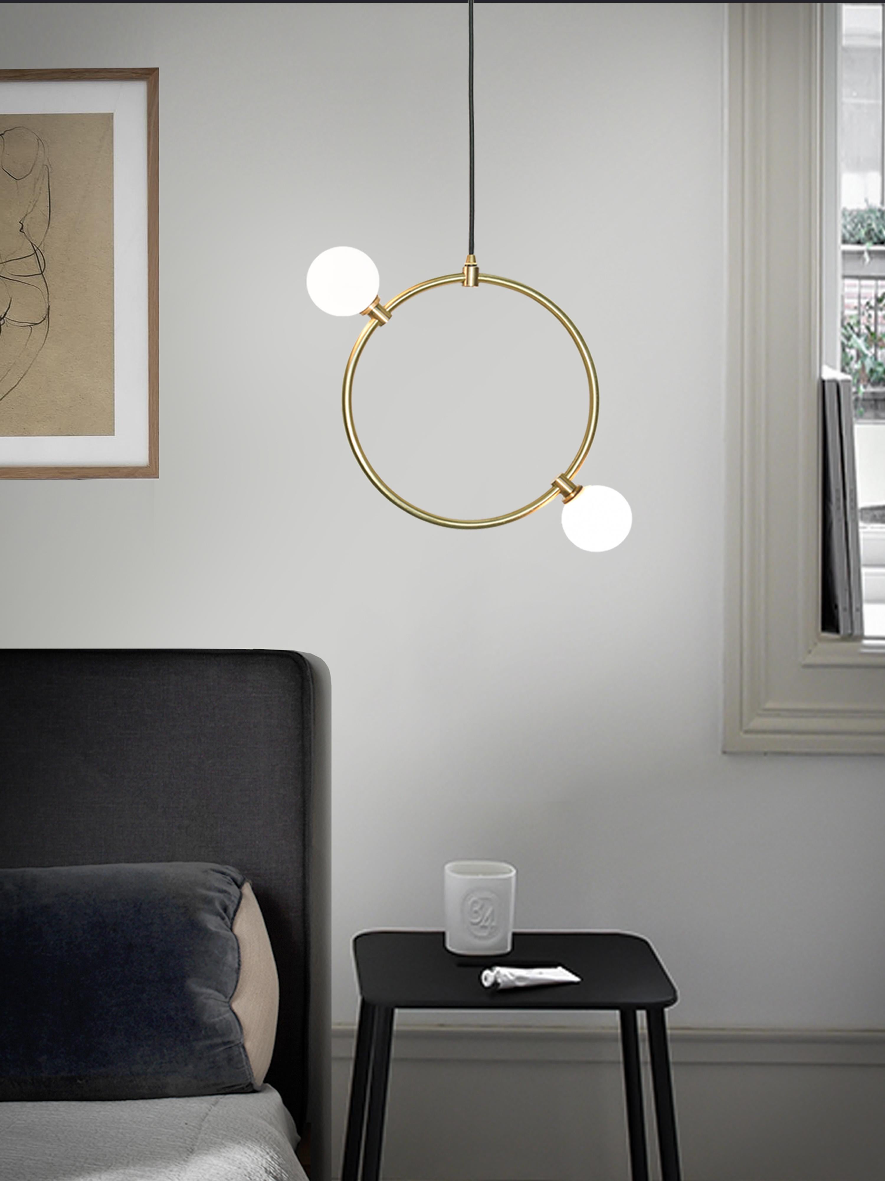 British 'Drops Pendant Large' by Marc Wood. Handmade Brass Ring Lamps, Opal Glass Shades For Sale