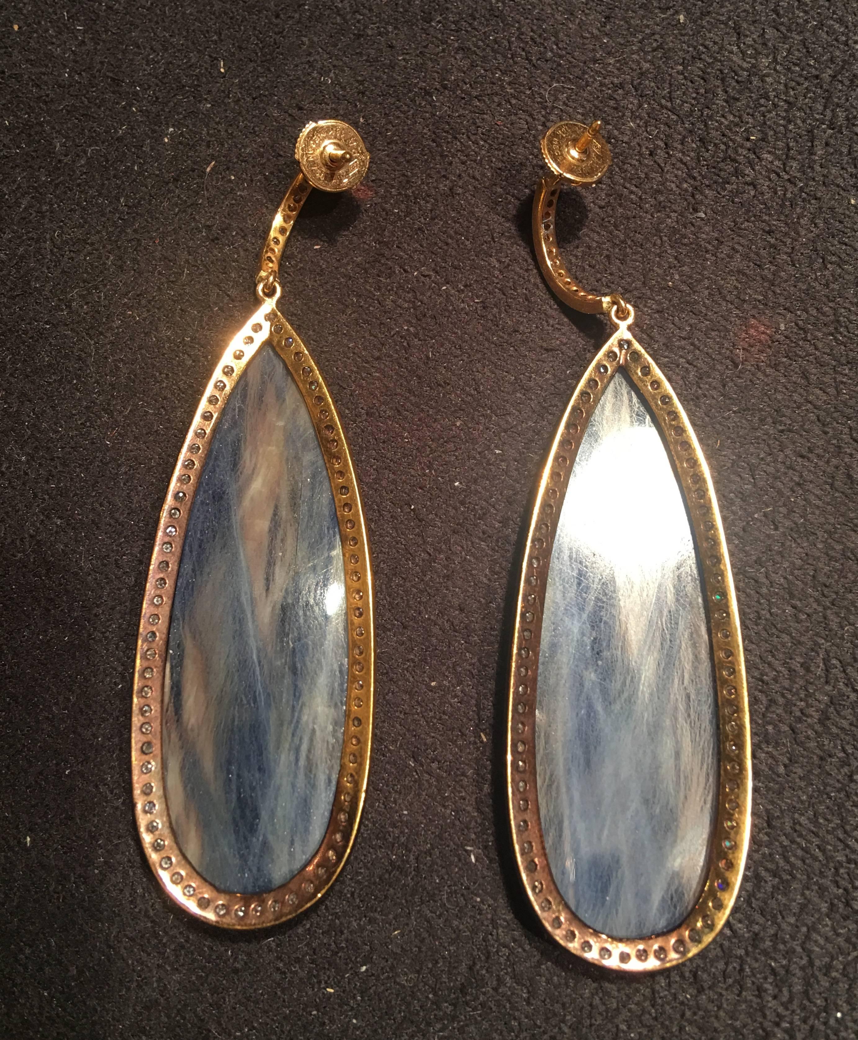 Drops Rough Cut Sapphire 2 Carat Diamonds 18 Karat Rose Gold Earrings Drops In New Condition In Paris, FR