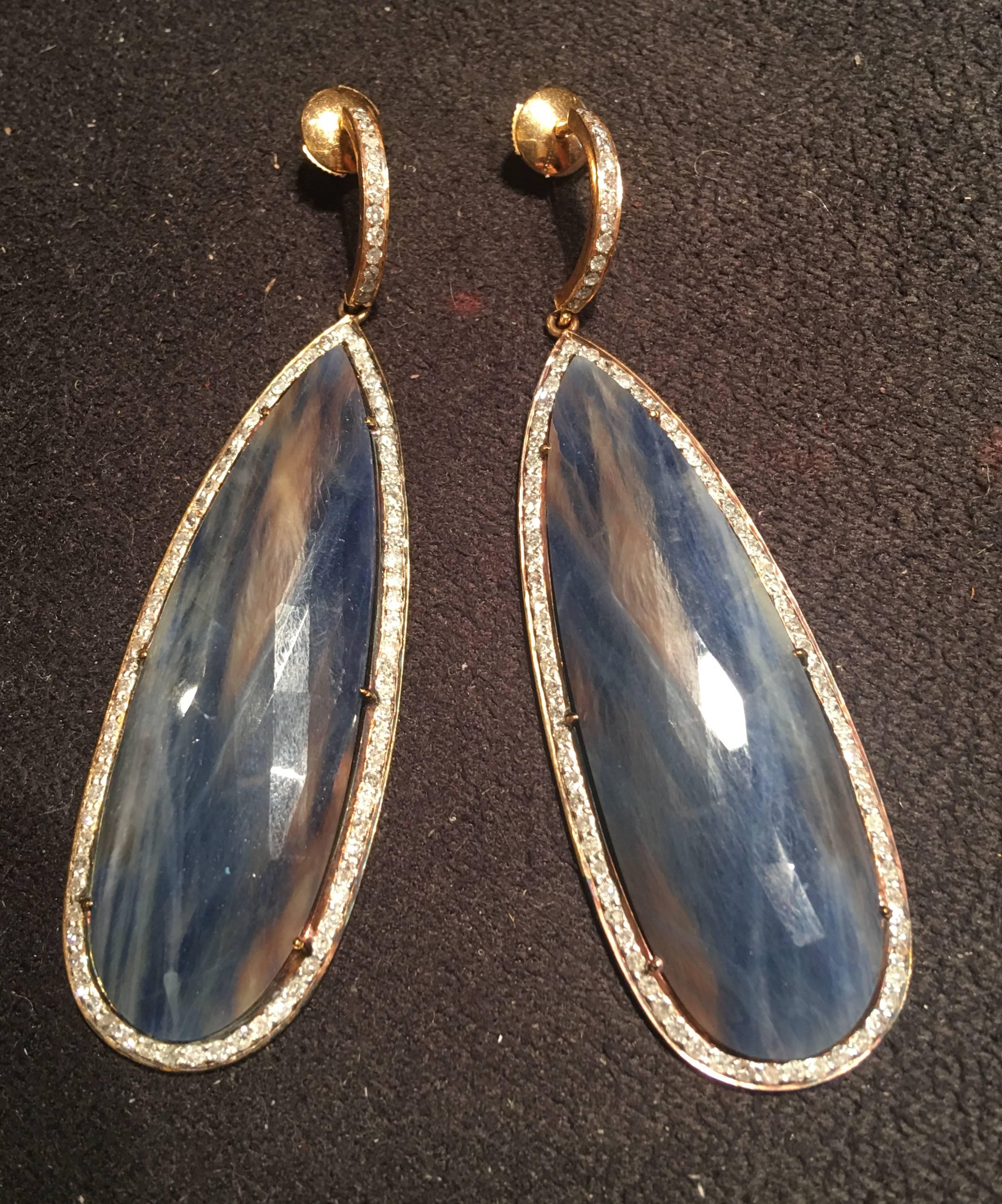 Women's Drops Rough Cut Sapphire 2 Carat Diamonds 18 Karat Rose Gold Earrings Drops