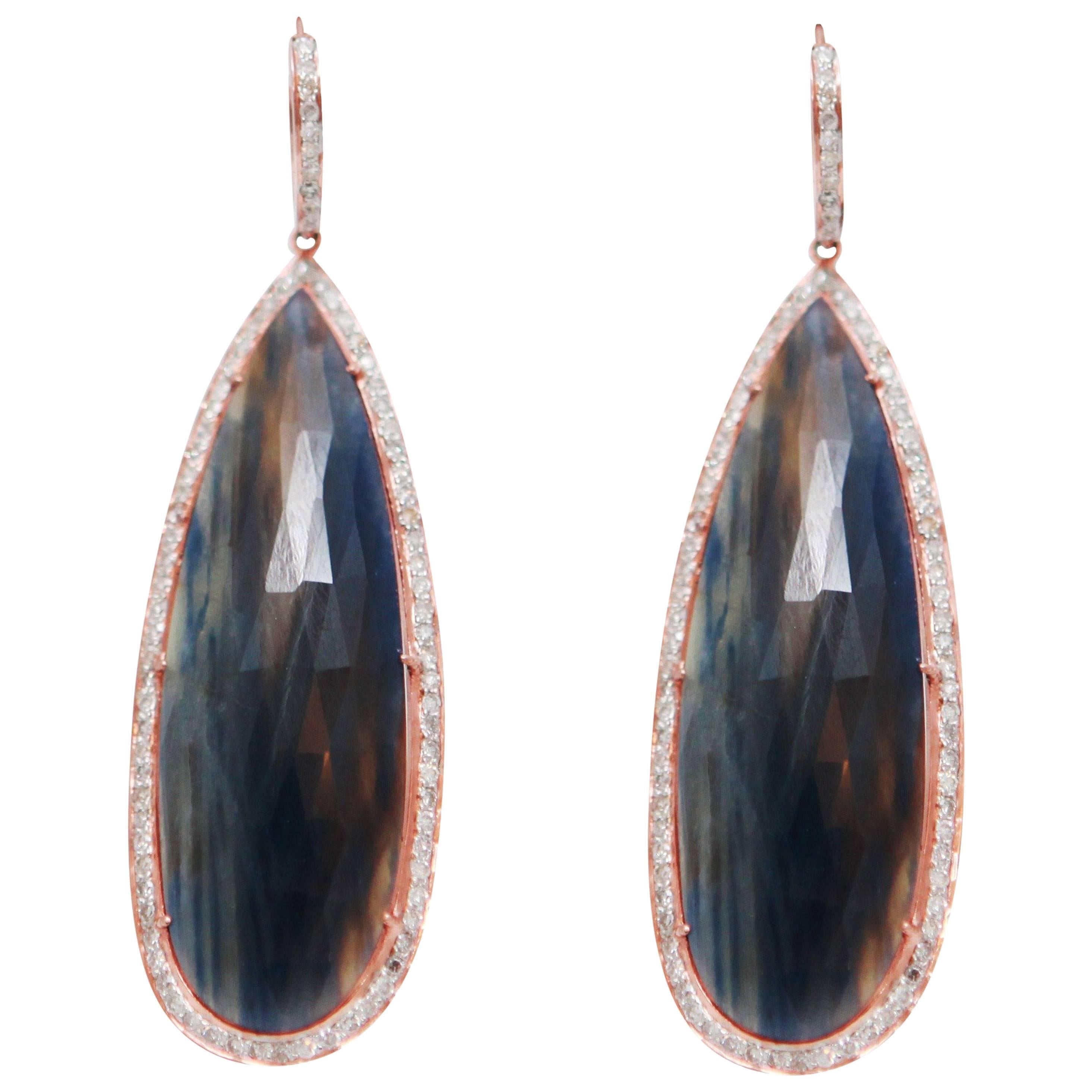 Drops Rough Cut Sapphire 2 Carat Diamonds 18 Karat Rose Gold Earrings Drops