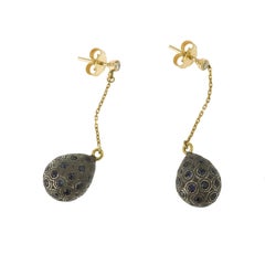 Boucles d'oreilles gouttes saphirs diamants or jaune 18k