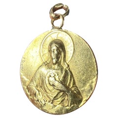 Dropsy Sacred Heart Virgin Mary Madonna Carmeli 18K Yellow Gold Medal Pendant