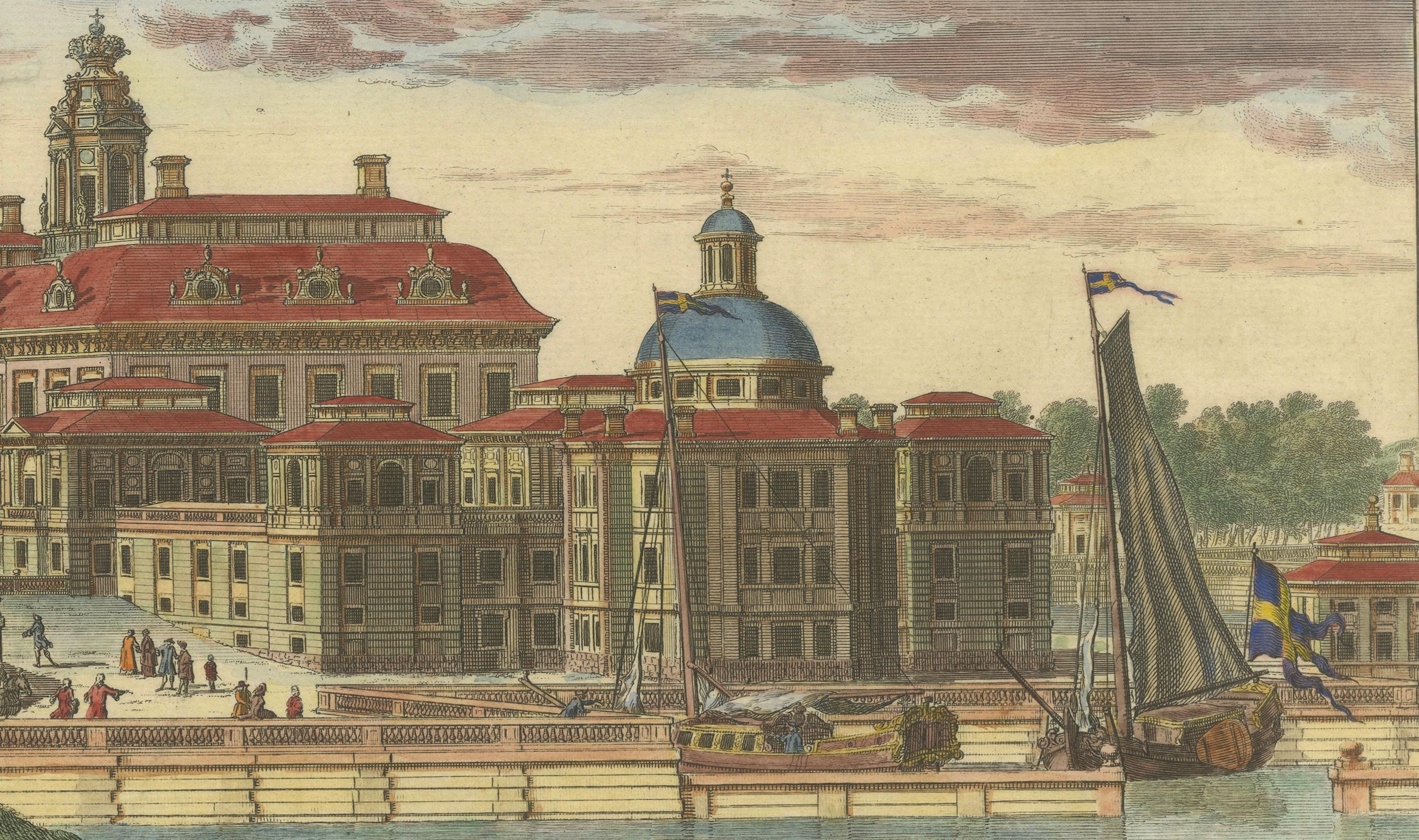 Drottningholm Palace in Sweden: East and West Views by Dahlbergh, 1707 In Good Condition For Sale In Langweer, NL