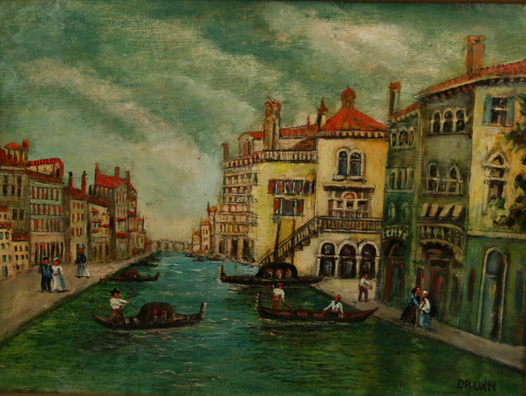 Antike Venedig Kanal Seelandschaft Landschaft Ölgemälde 1940 – Painting von Druan