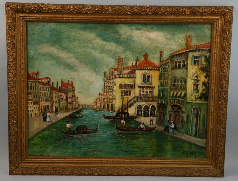 Antique Venice Canal Seascape Landscape Oil Painting 1940 - Brown Landscape Painting by Druan