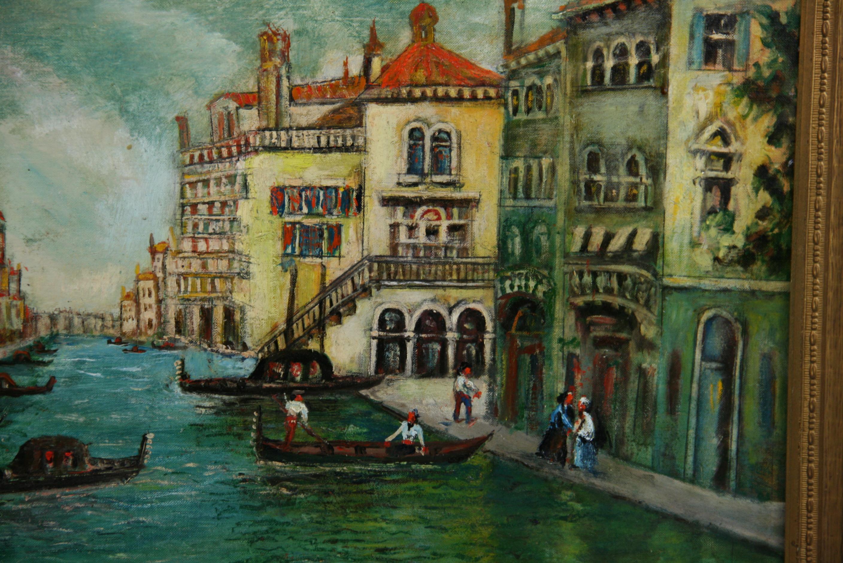 Antique Venice Canal Seascape Landscape Oil Painting 1940 For Sale 2