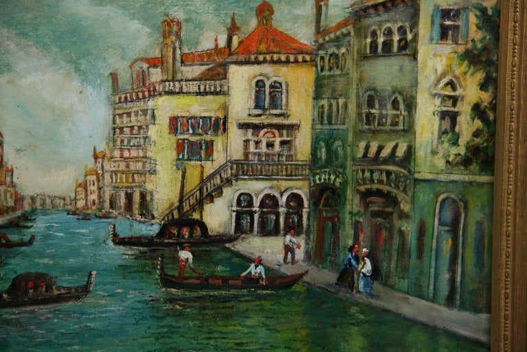 Antique Venice Canal Seascape Landscape Oil Painting 1940 For Sale 1