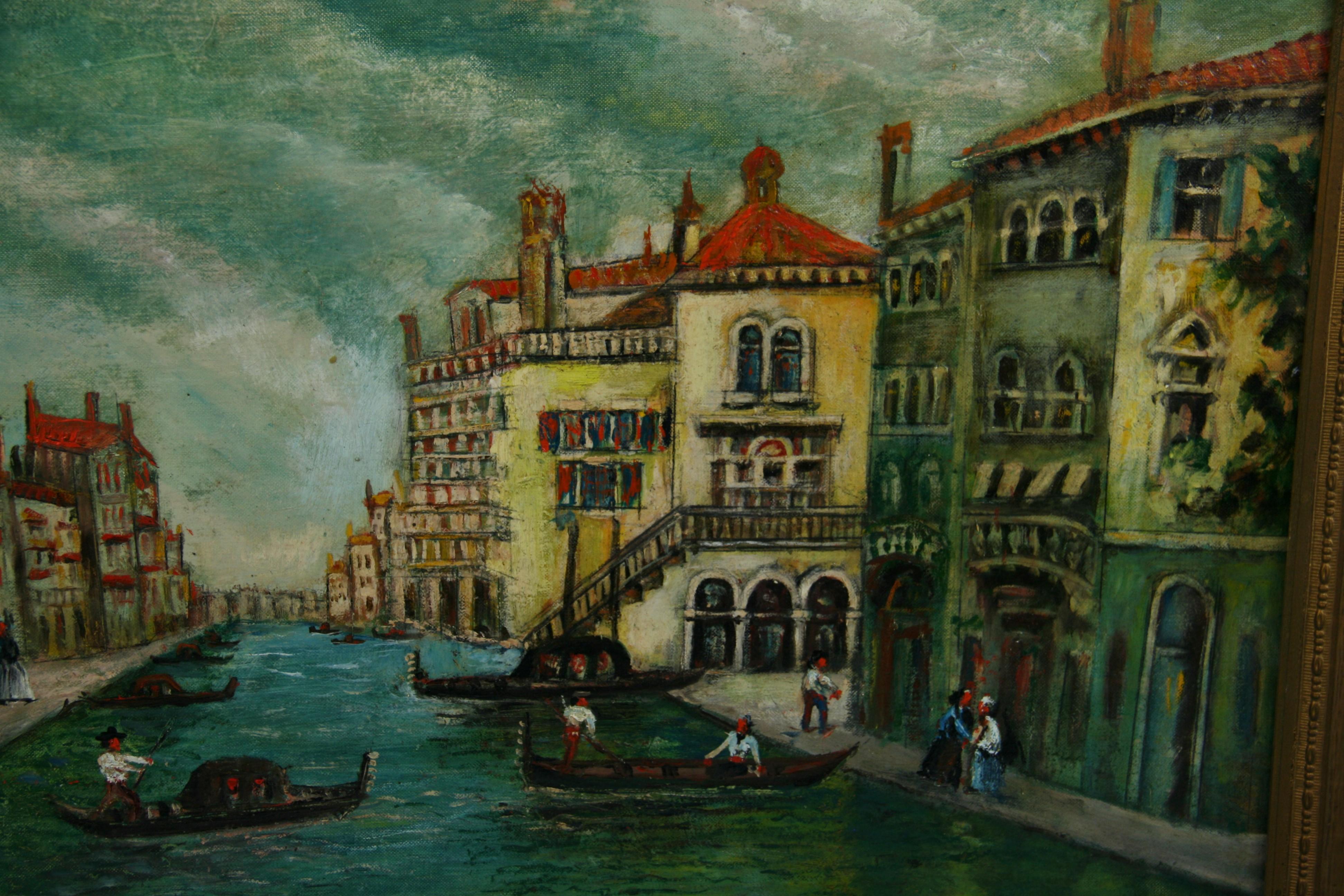 Antike Venedig Kanal Seelandschaft Landschaft Ölgemälde 1940 im Angebot 3