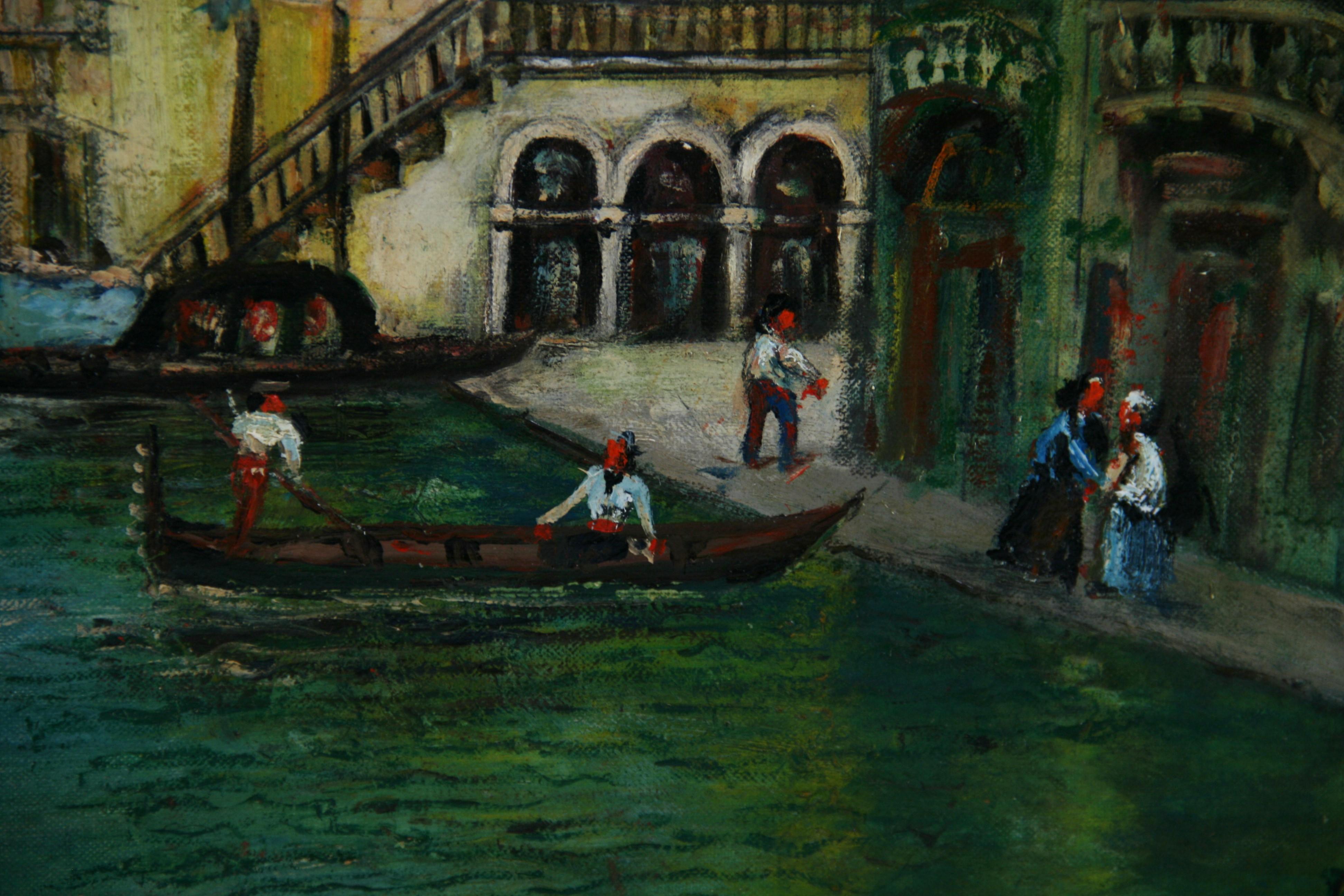 Antique Venice Canal Seascape Landscape Oil Painting 1940 For Sale 5
