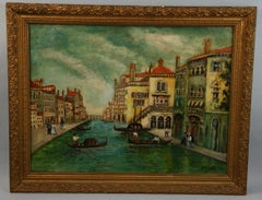 Antique Venice Canal Seascape Landscape Oil Painting 1940