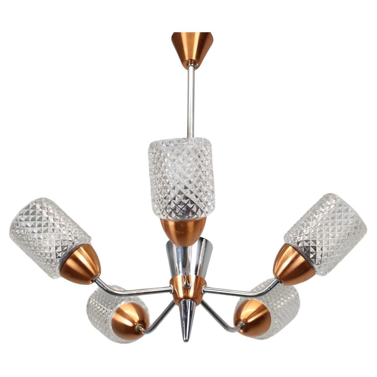 Drukov Brno Glass and Chrome Chandelier, Czechoslovakia, 1970s For Sale