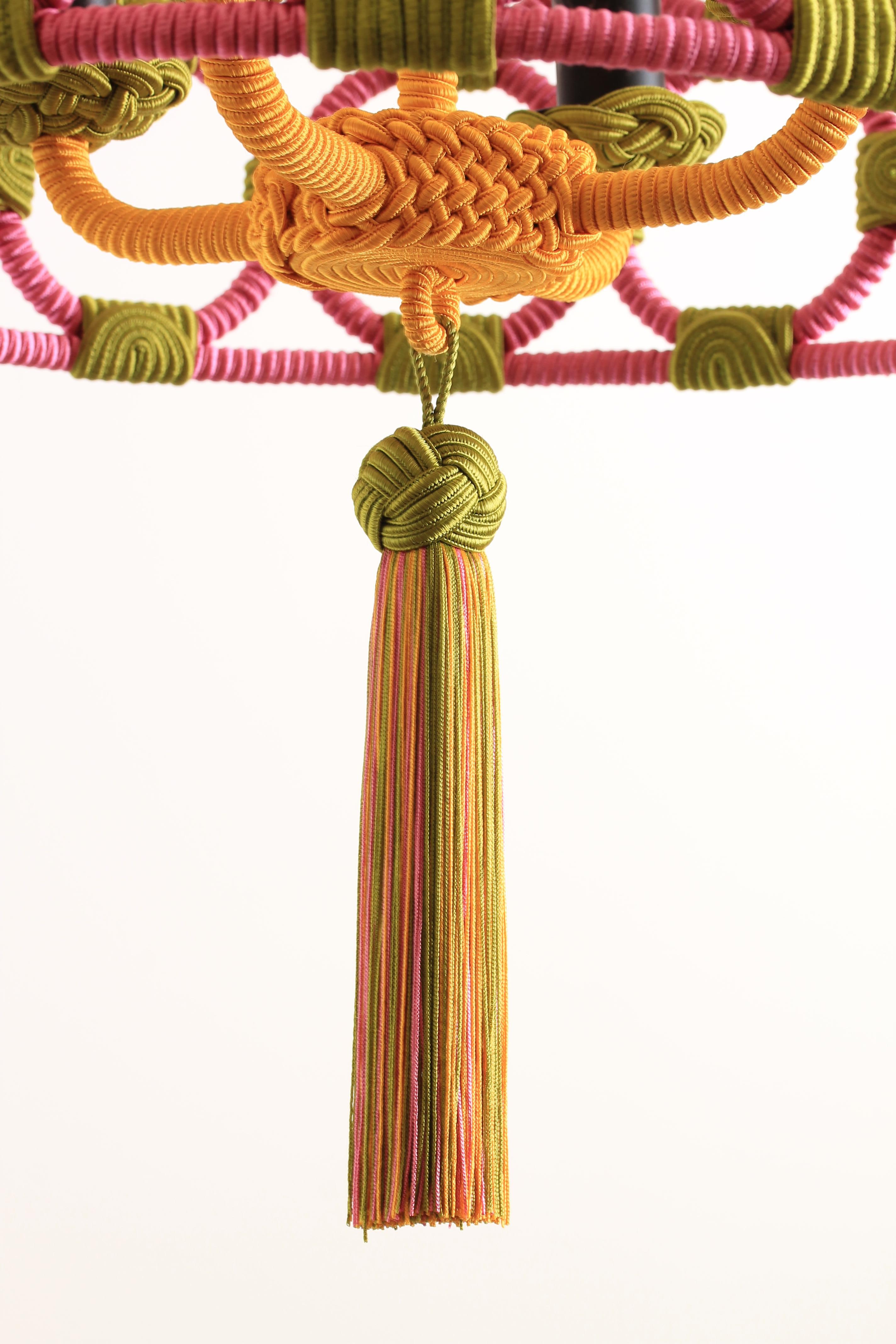 French Drum Chandelier Wrapped in Passementerie and Silk Cords For Sale