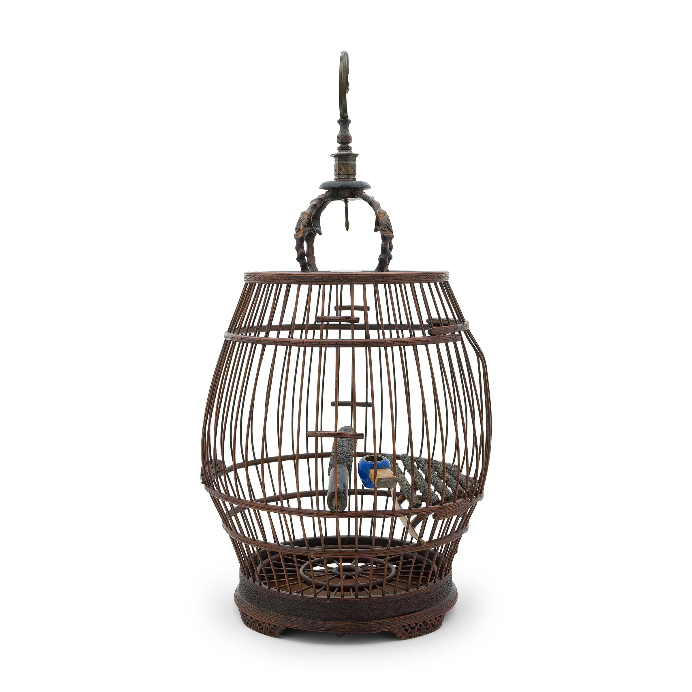Qing Cage à oiseaux chinoise en forme de tambour avec fausses branches, vers 1850