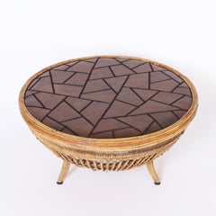 Drum Form Rattan and Leather Coffee Table