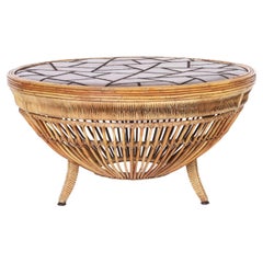 Drum Form Rattan and Leather Coffee Table