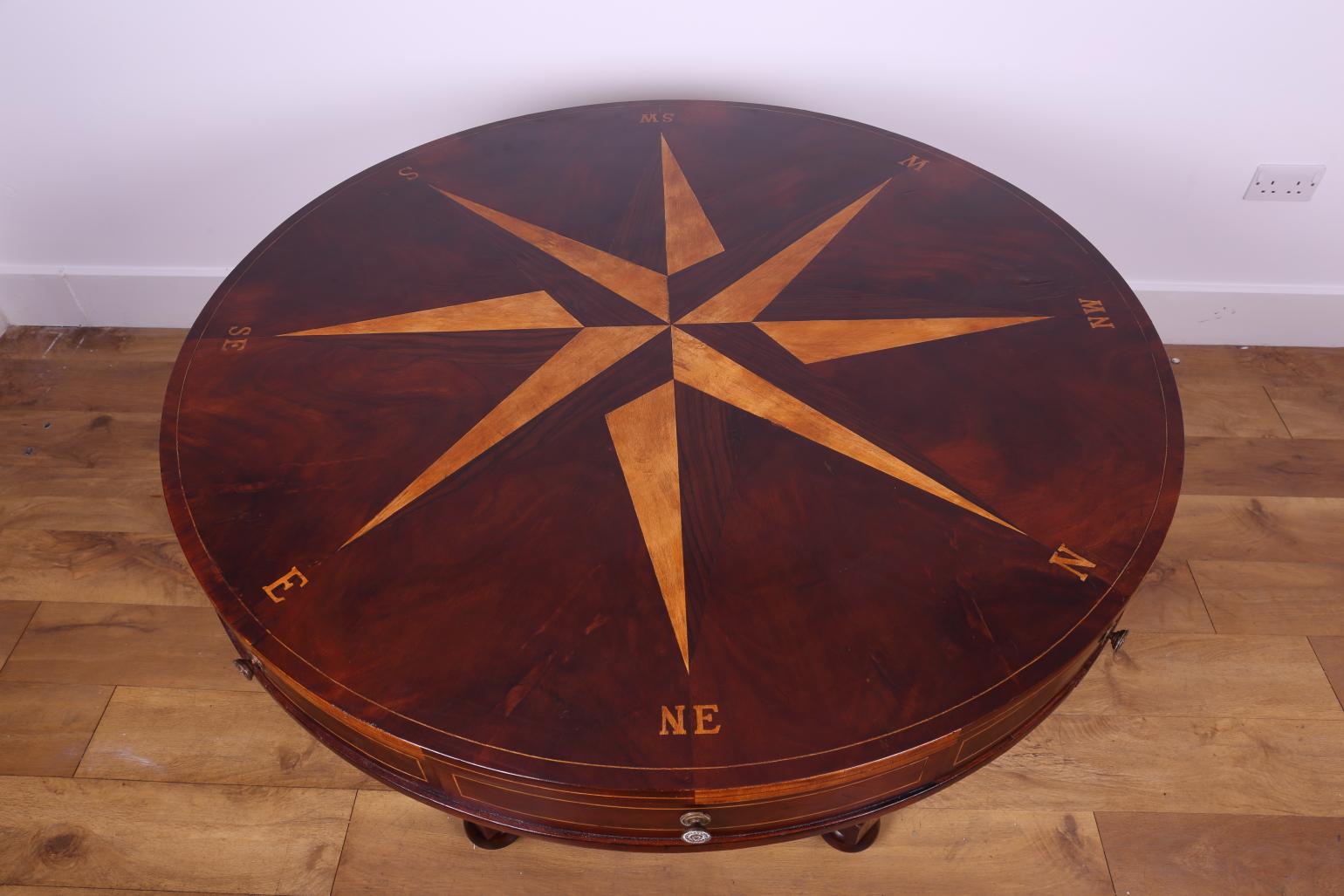 English Drum or Round Table, Unusual with Compass Markings For Sale