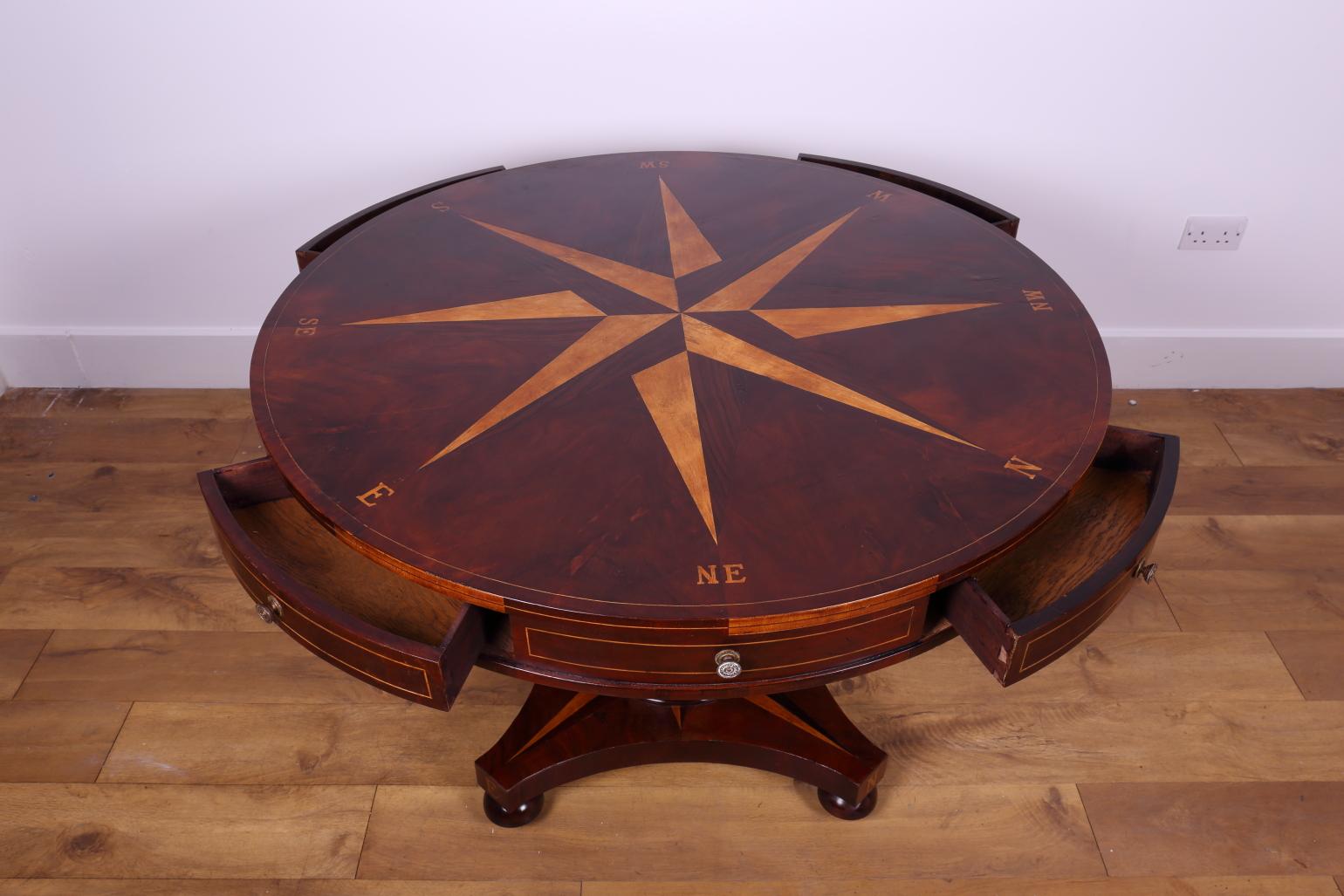 Inlay Drum or Round Table, Unusual with Compass Markings For Sale