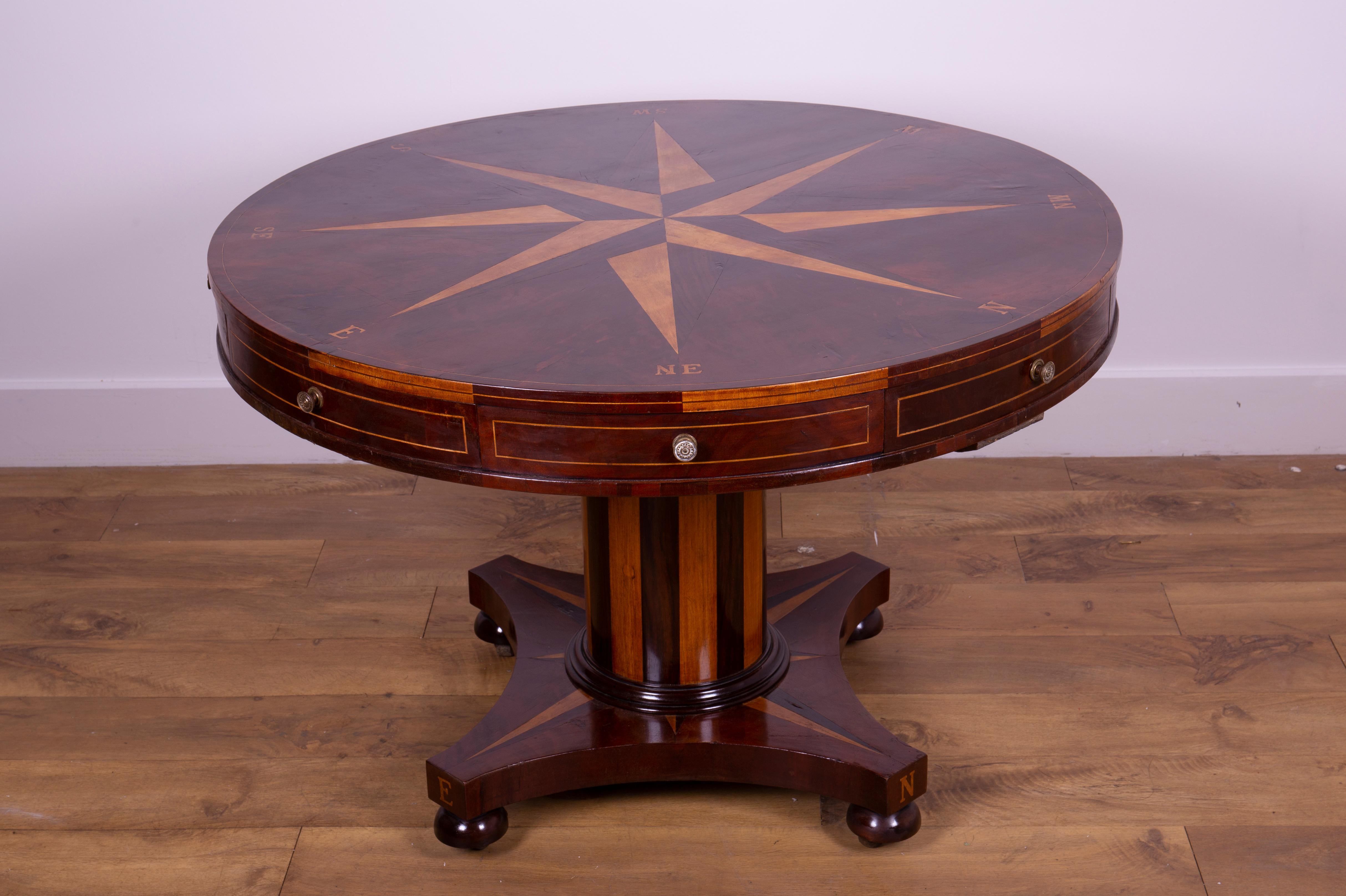 Mahogany Drum or Round Table, Unusual with Compass Markings For Sale