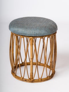 Drum Shaped Rattan Stool With Blue Mottled Fabric Upholstery - France 1970's