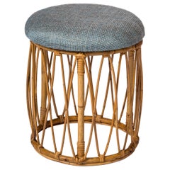 Drum Shaped Rattan Stool With Blue Mottled Fabric Upholstery - France 1970
s
