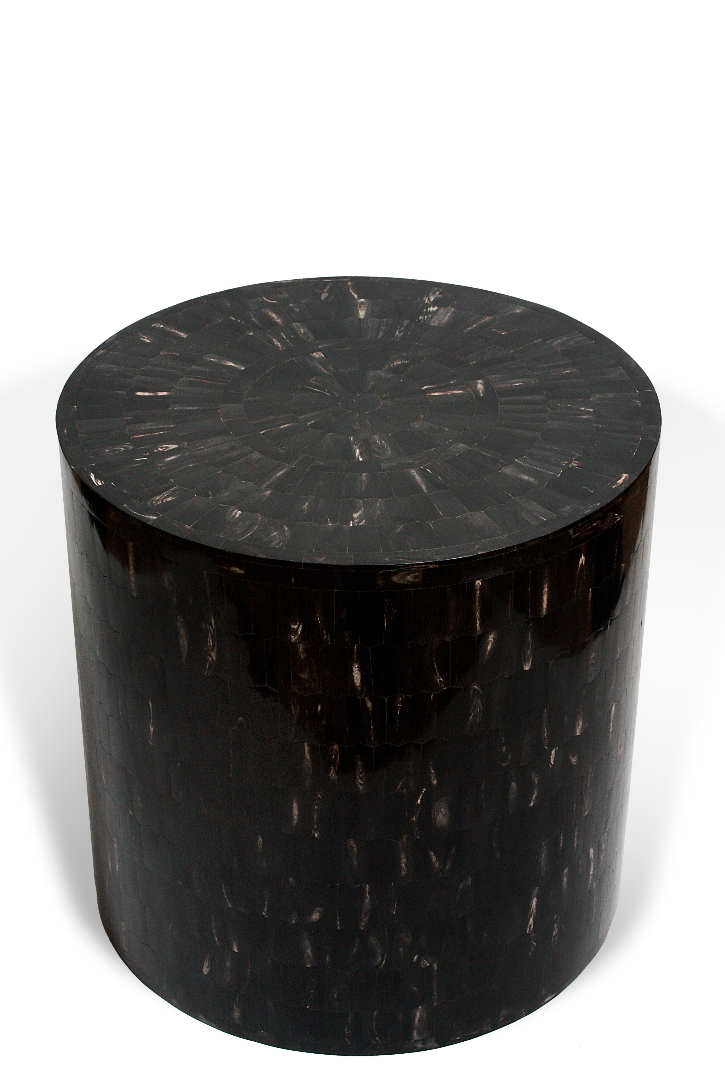 Contemporary Drum Stool Table Made with Horn Marquetry, Serenity For Sale