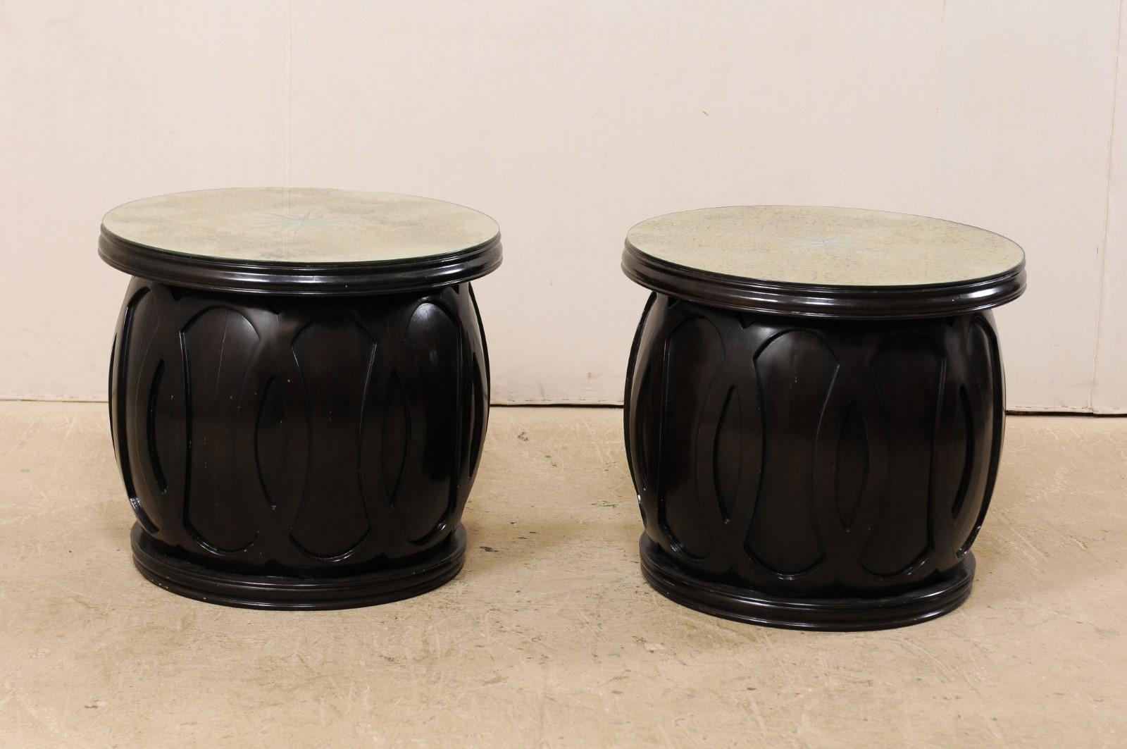 Drum Style Side Tables with Artisan Crafted Verre Églomisé Sunburst Mirror Tops 4