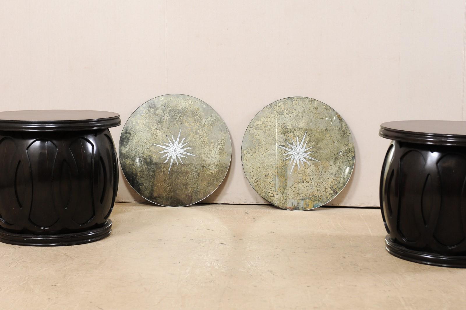 Drum Style Side Tables with Artisan Crafted Verre Églomisé Sunburst Mirror Tops 5