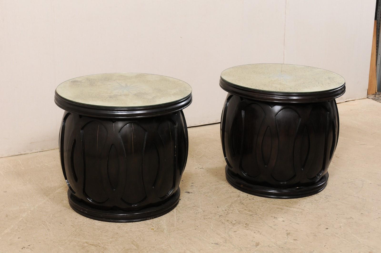 American Drum Style Side Tables with Artisan Crafted Verre Églomisé Sunburst Mirror Tops