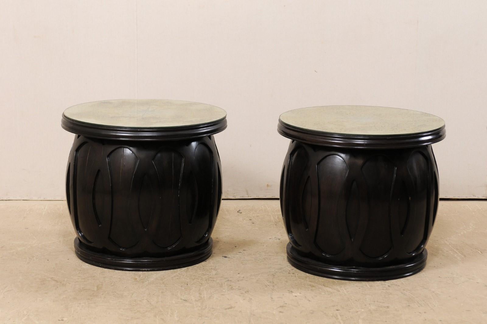 Drum Style Side Tables with Artisan Crafted Verre Églomisé Sunburst Mirror Tops In Good Condition In Atlanta, GA