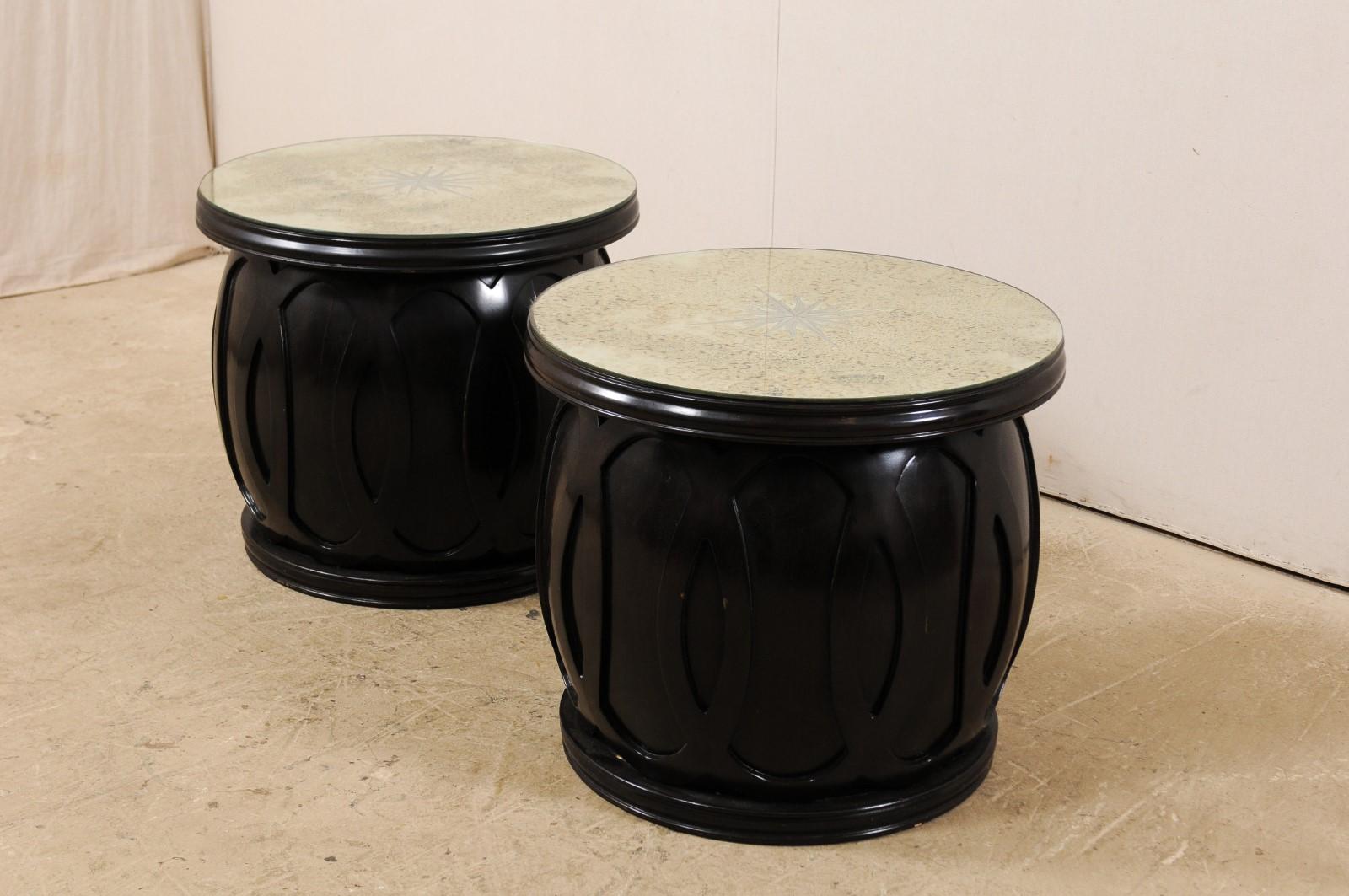 Contemporary Drum Style Side Tables with Artisan Crafted Verre Églomisé Sunburst Mirror Tops