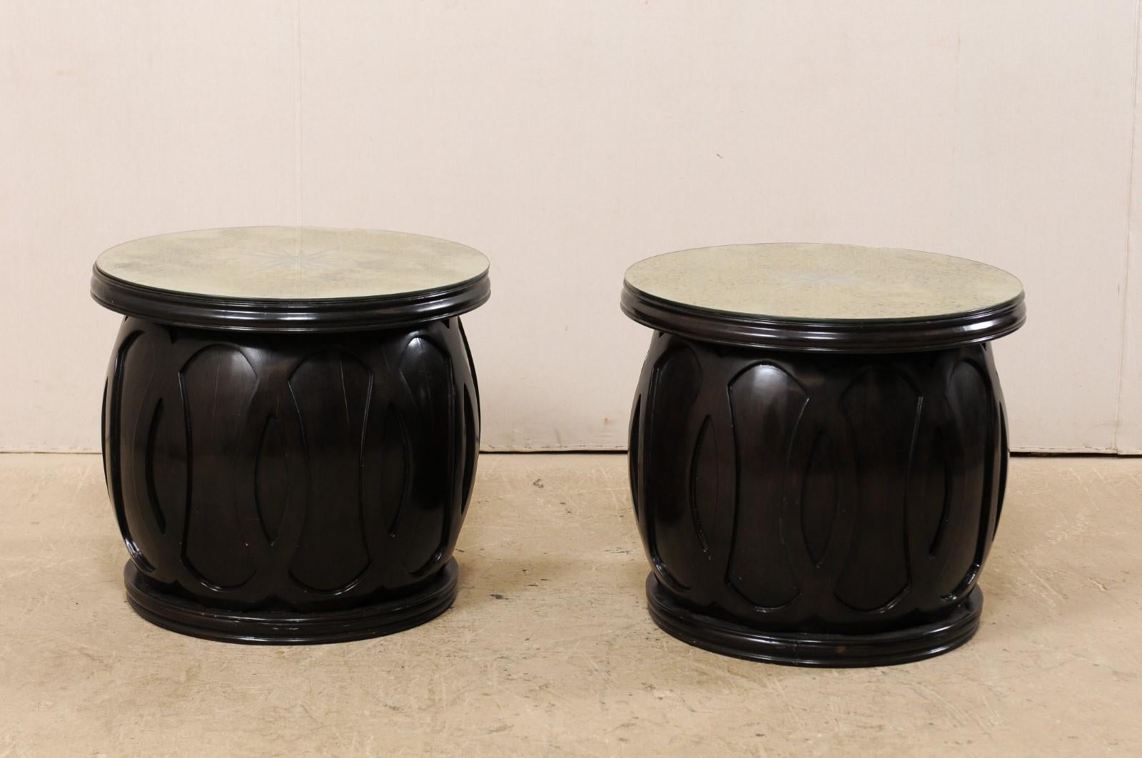 Drum Style Side Tables with Artisan Crafted Verre Églomisé Sunburst Mirror Tops 3