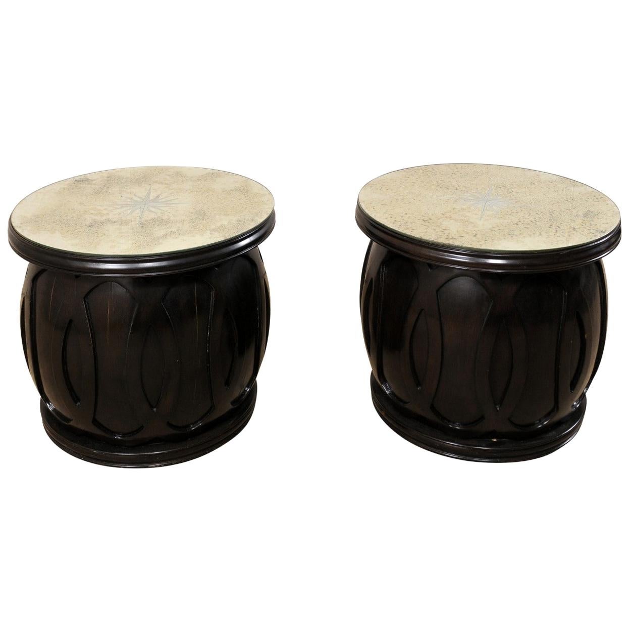 Pair of Gold Faux Bamboo Drum Side Tables with Mirrored Tops at 1stDibs