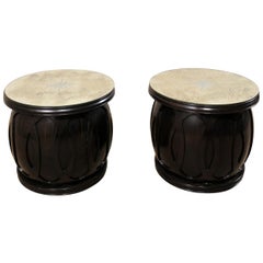 Drum Style Side Tables with Artisan Crafted Verre Églomisé Sunburst Mirror Tops