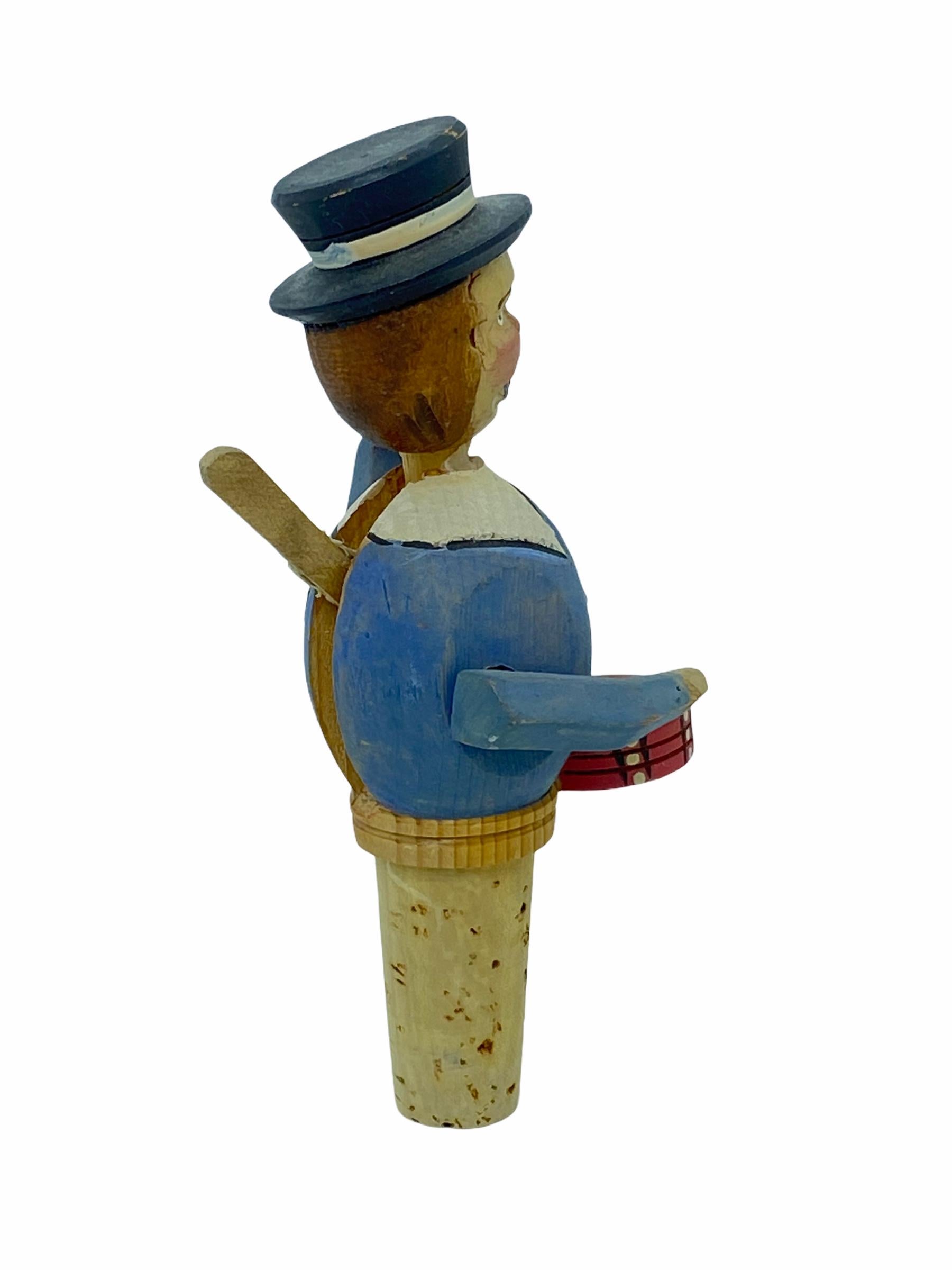 Black Forest Drummer Hand Carved and Painted Mechanical Wooden Bottle Stopper, 1950s