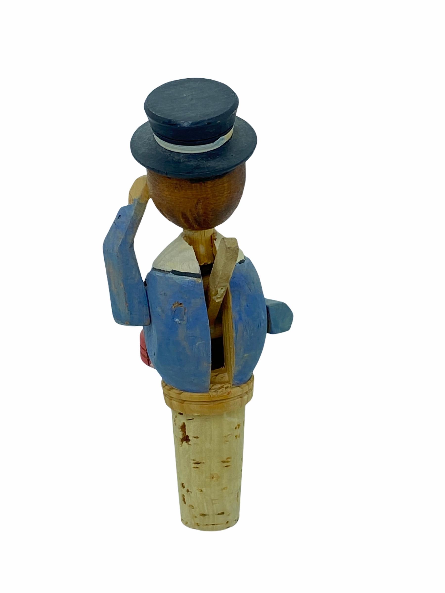 German Drummer Hand Carved and Painted Mechanical Wooden Bottle Stopper, 1950s