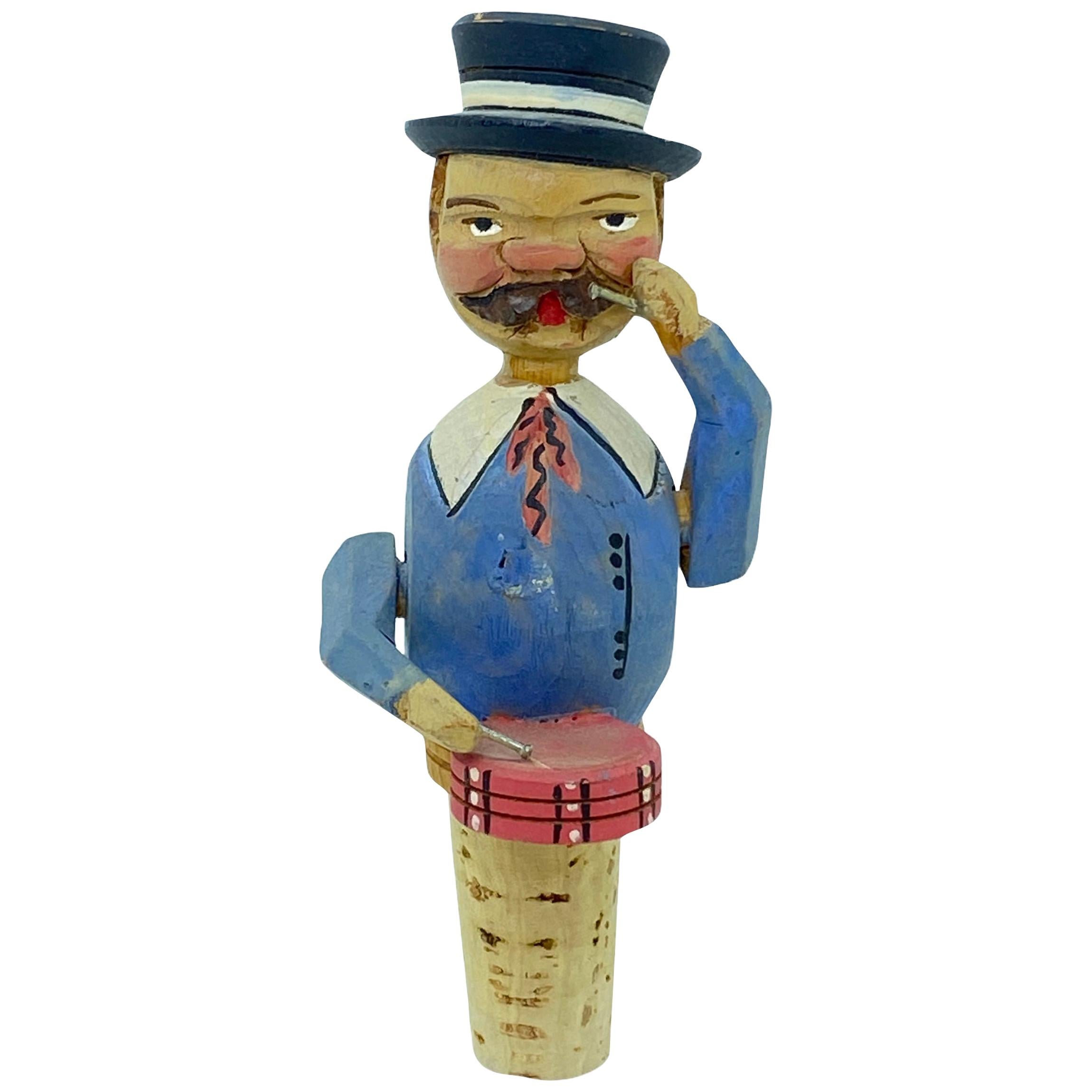 Drummer Hand Carved and Painted Mechanical Wooden Bottle Stopper, 1950s