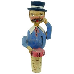 Drummer Hand Carved and Painted Mechanical Wooden Bottle Stopper, 1950s