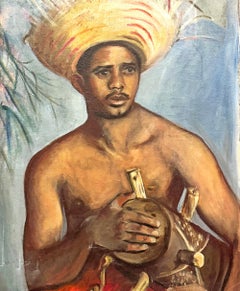 "Drummer w/ Beachcomber Hat", 1940s Portrait of Shirtless Man in Blue and Brown