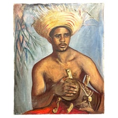 "Drummer w/ Beachcomber Hat", 1940s Portrait d'un homme torse nu en bleu et Brown