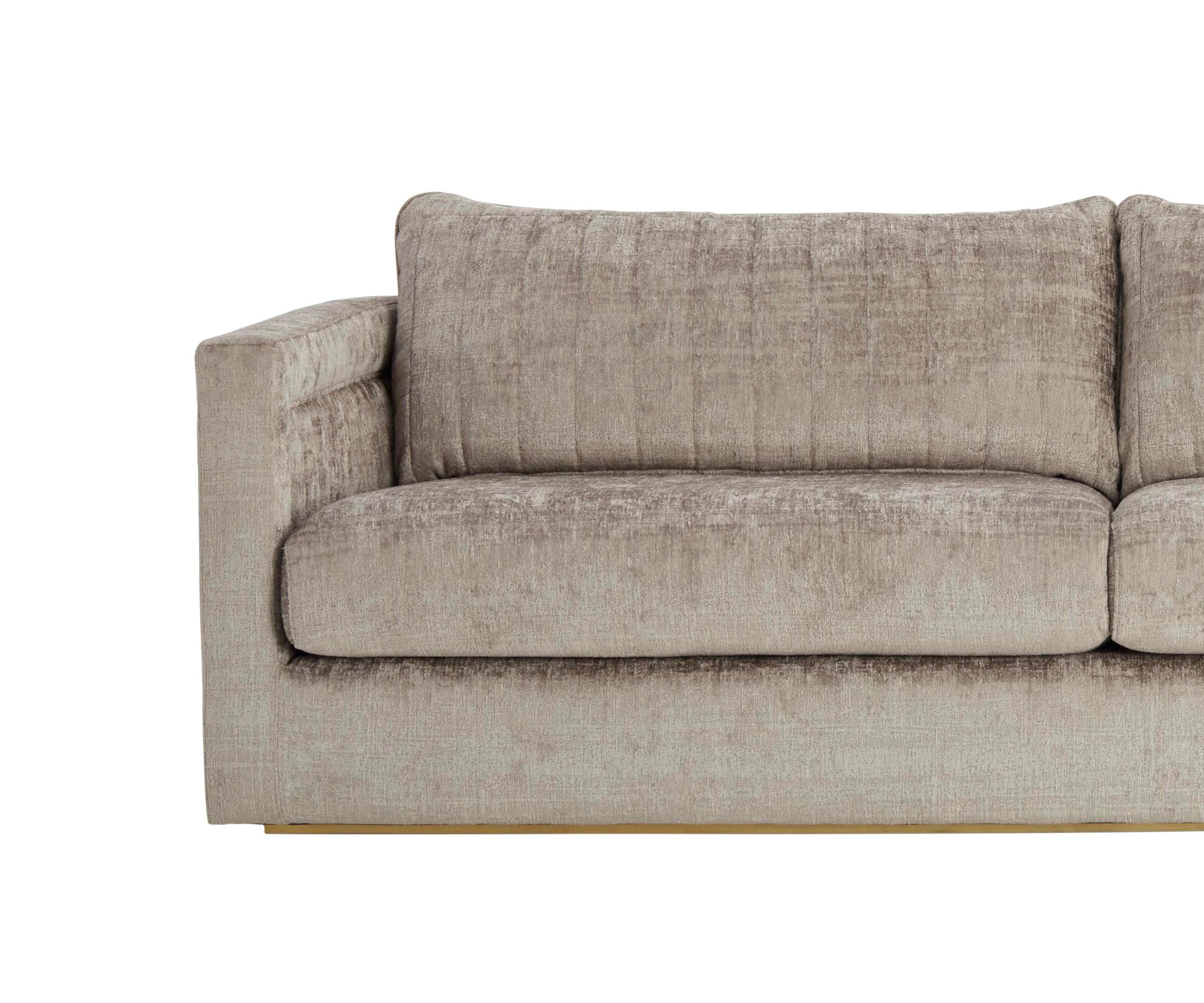 Modern Drummond 3-Seat Sofa with Detailed Back and Antique Brass Color Plinth