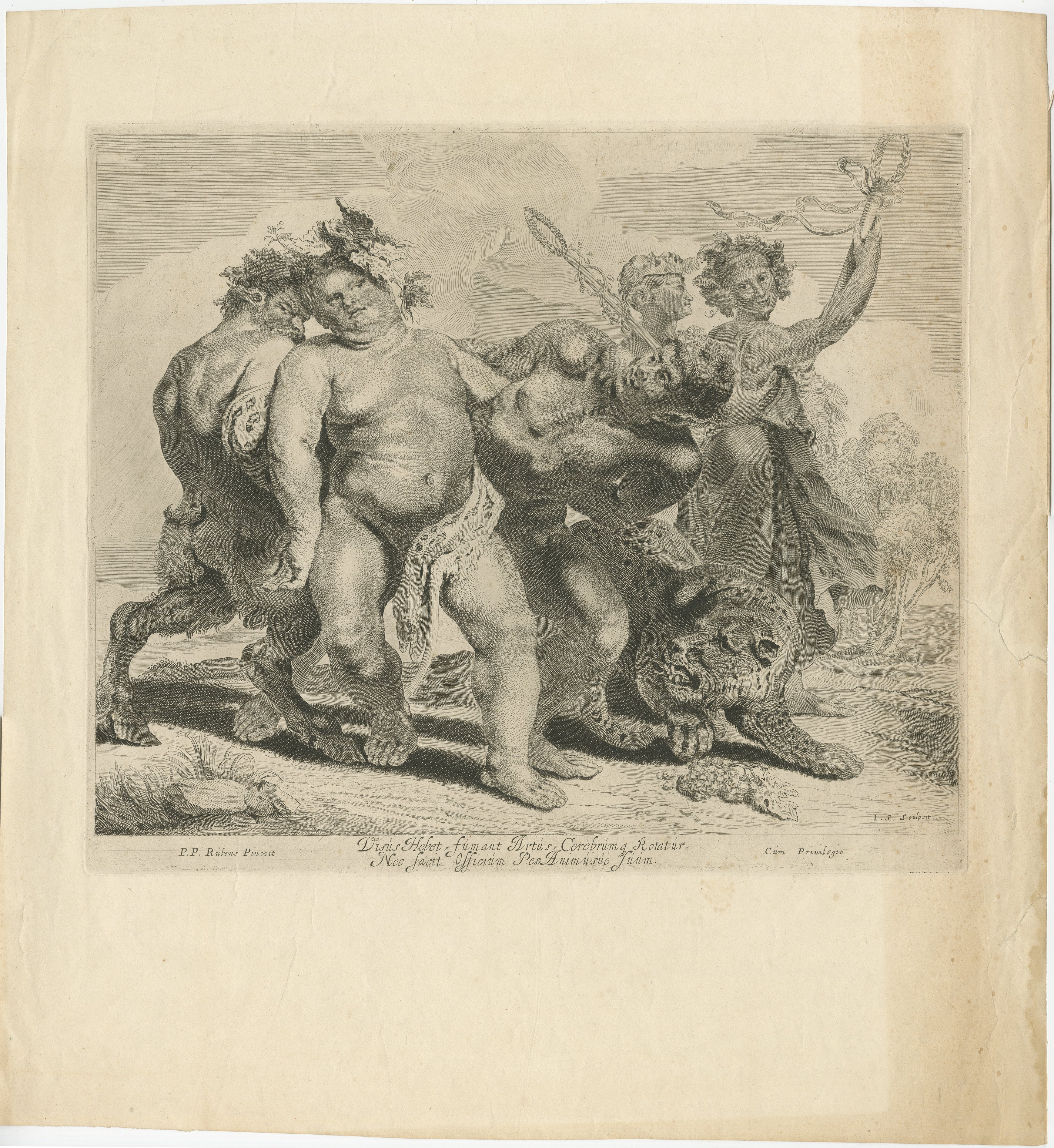 Original copper engraving by Jonas Suyderhoef (Born in Haarlem, The Netherlands and lived between: ±1613-1686). 

Title: Drunkenness of Bacchus. Engraving after P.P. RUBENS (Flemish, Siegen 1577–1640 Antwerp), with Latin text.

Bottom center:
