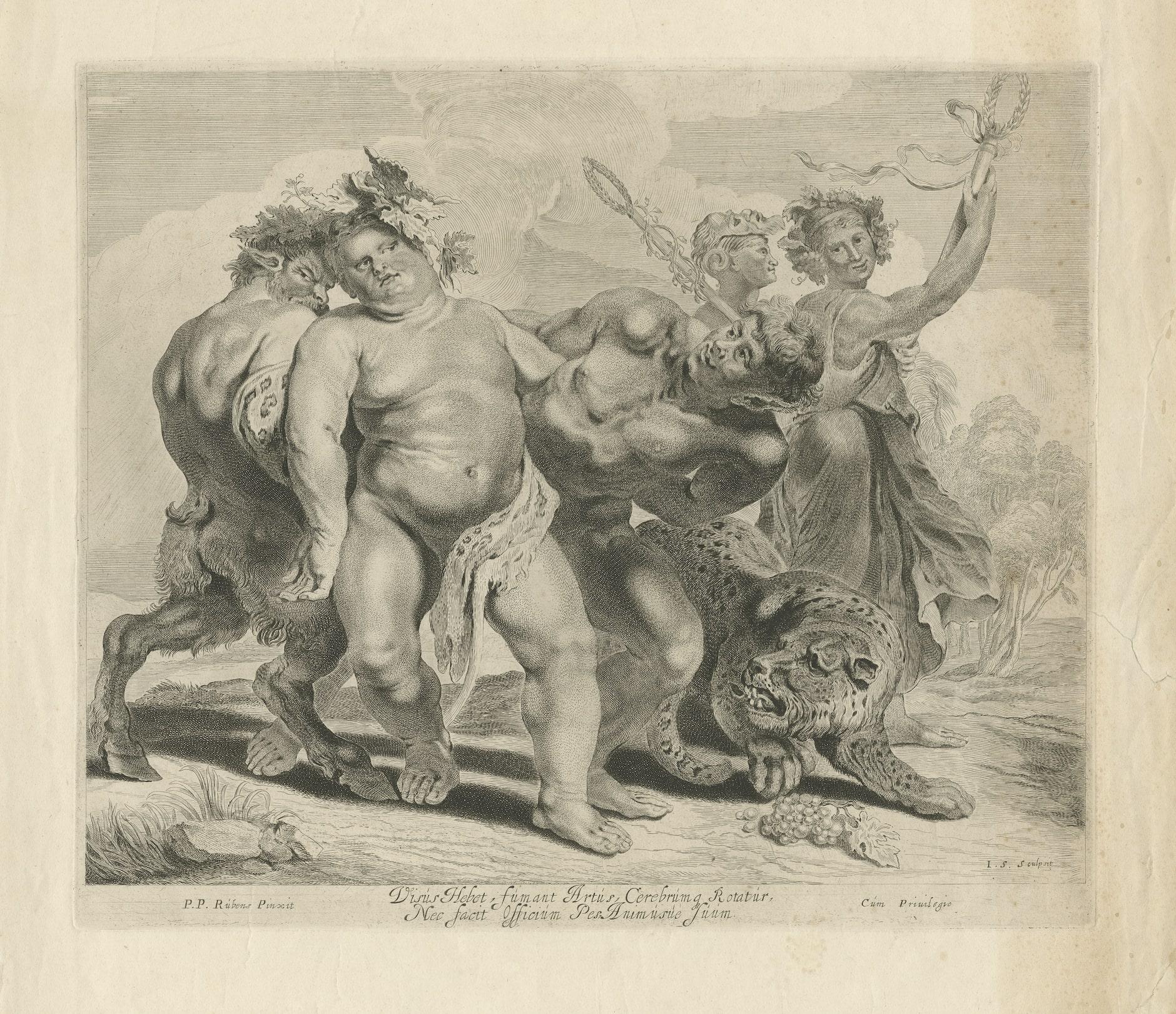 Drunkenness of Bacchus, Original Engraving by Suyderhoff after P.P. Ruben, c1650 In Good Condition In Langweer, NL