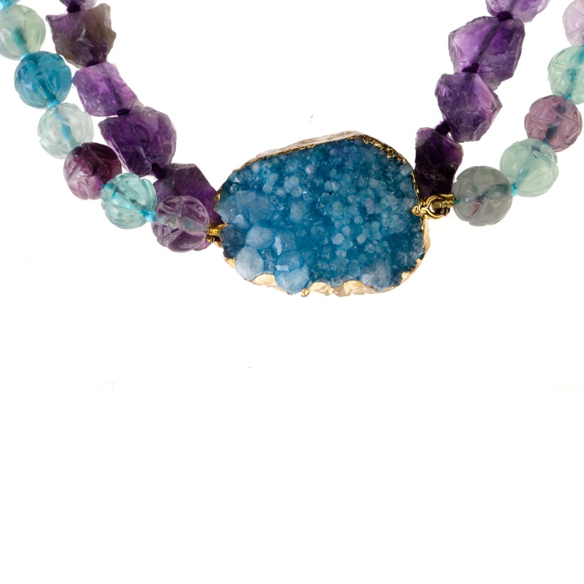 Women's Druzy Agate Necklace Tourmaline Amethyst Gold-Plated For Sale